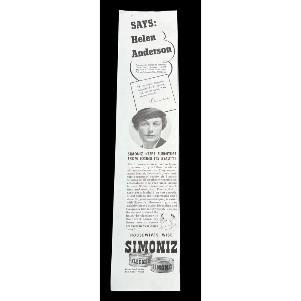 Simoniz Kleener 1938 Vintage Print Ad Cars Furniture Helen Anderson